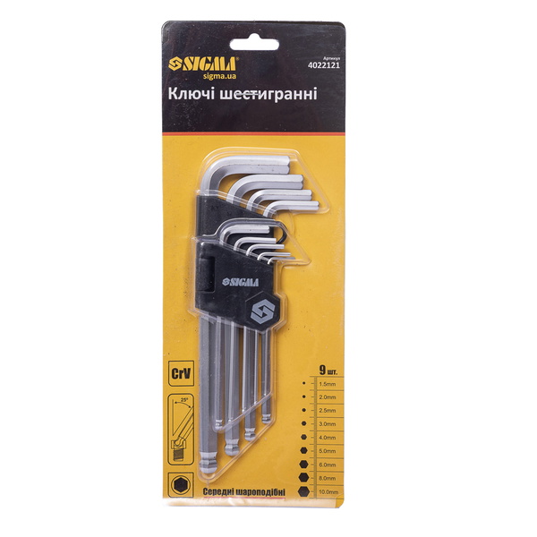 Ключі шестигранні Sigma CrV 9 шт. 1.5-10 мм (середні куля)