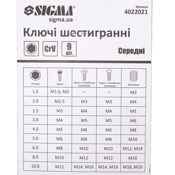 Ключи шестигранные Sigma CrV 9 шт. 1.5-10 мм (средние)