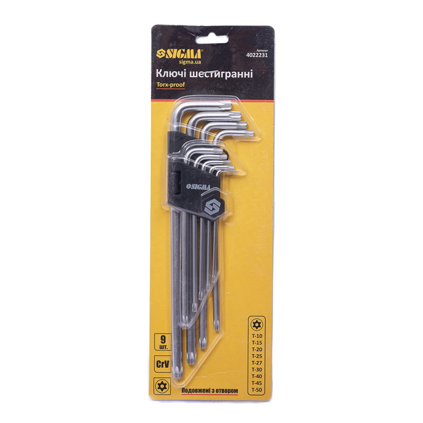 Ключі Sigma Torx CrV 9 шт. T10-T50 (довгі з отвором)