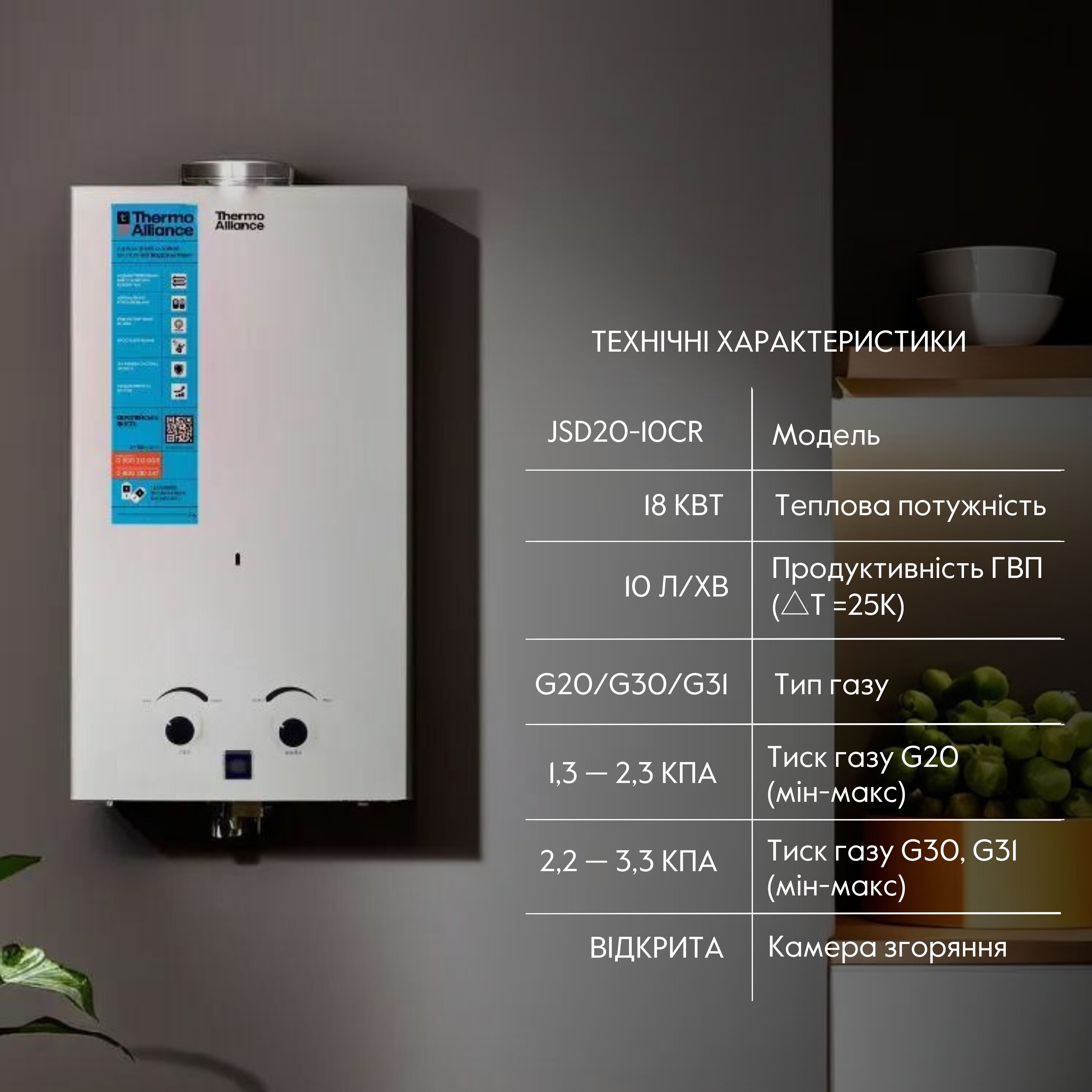 Колонка газовая дымоходная Thermo Alliance White 10 л (JSD20-10CR)