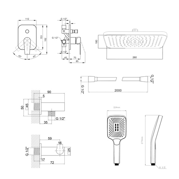 Комплект для душу Qtap Stenava Chrome: Змішувач QTST6245102DC + Лійки (QTRUC125CRM45954,QTHLA107CRM45784) + Шланг QTHADPVC200C + QTCRMBH130
