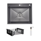 Комплект Lidz Handmade H6050HB: Мойка для кухни интегрированная Decor Black PVD Honeycomb в комплекте с дозатором + LIDZK01B Корзина для кухонной мойки