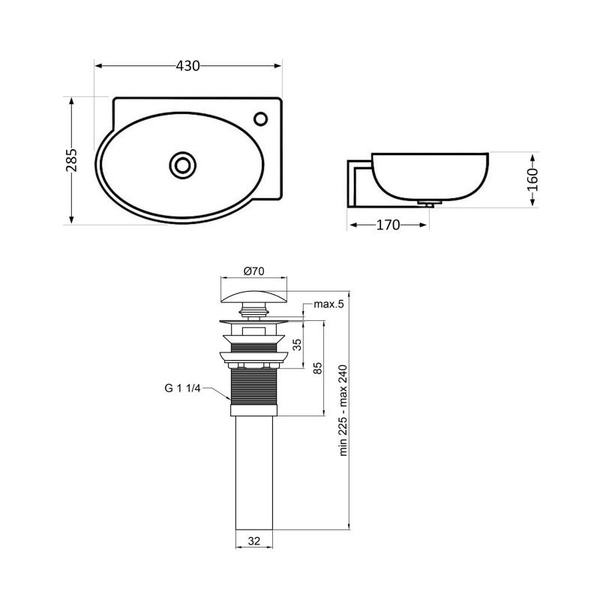 Комплект Qtap Leo: Раковина подвесная овальная правая 430 x 285 x 160 мм White + Донный клапан PU02O