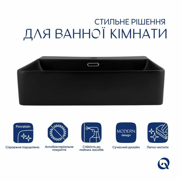 Комплект Qtap Nando LT: Раковина підвісна прямокутна 500 х 420 х 130 мм Matt Black + Донний клапан PU03O