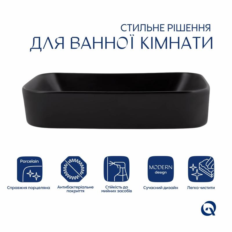 Комплект Qtap Scorpio: Раковина накладна прямокутна 550 х 390 х 120 мм Matt Black + Донний клапан PU03