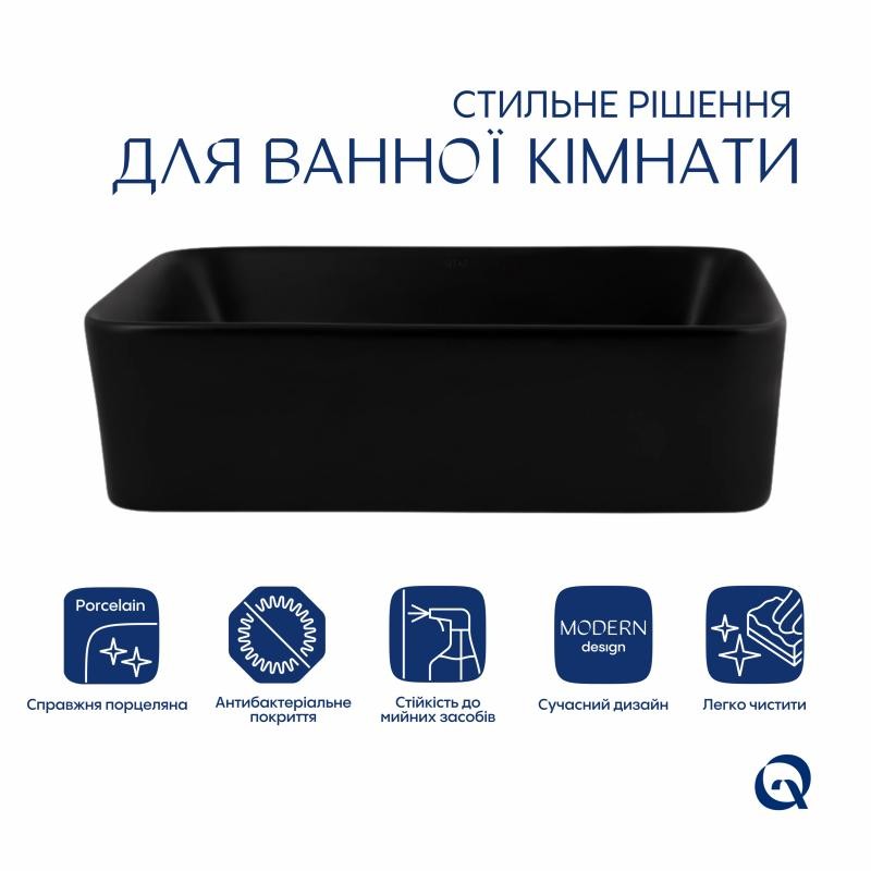 Комплект Qtap Tern: Раковина накладна прямокутна 480 х 370 х 135 мм Matt Black + Донний клапан PU03
