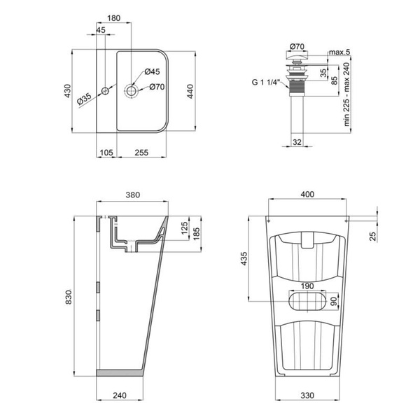 Комплект Qtap Tern: Раковина підлогова моноблок 440 х 380 х 830 мм White + Донний клапан PU02O