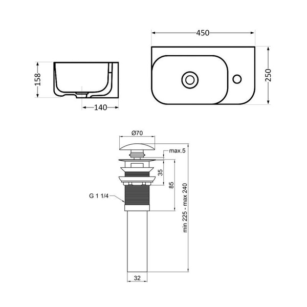 Комплект Qtap Tern: Раковина подвесная прямоугольная правая 450 х 250 х 158 мм White + Донный клапан PU02O