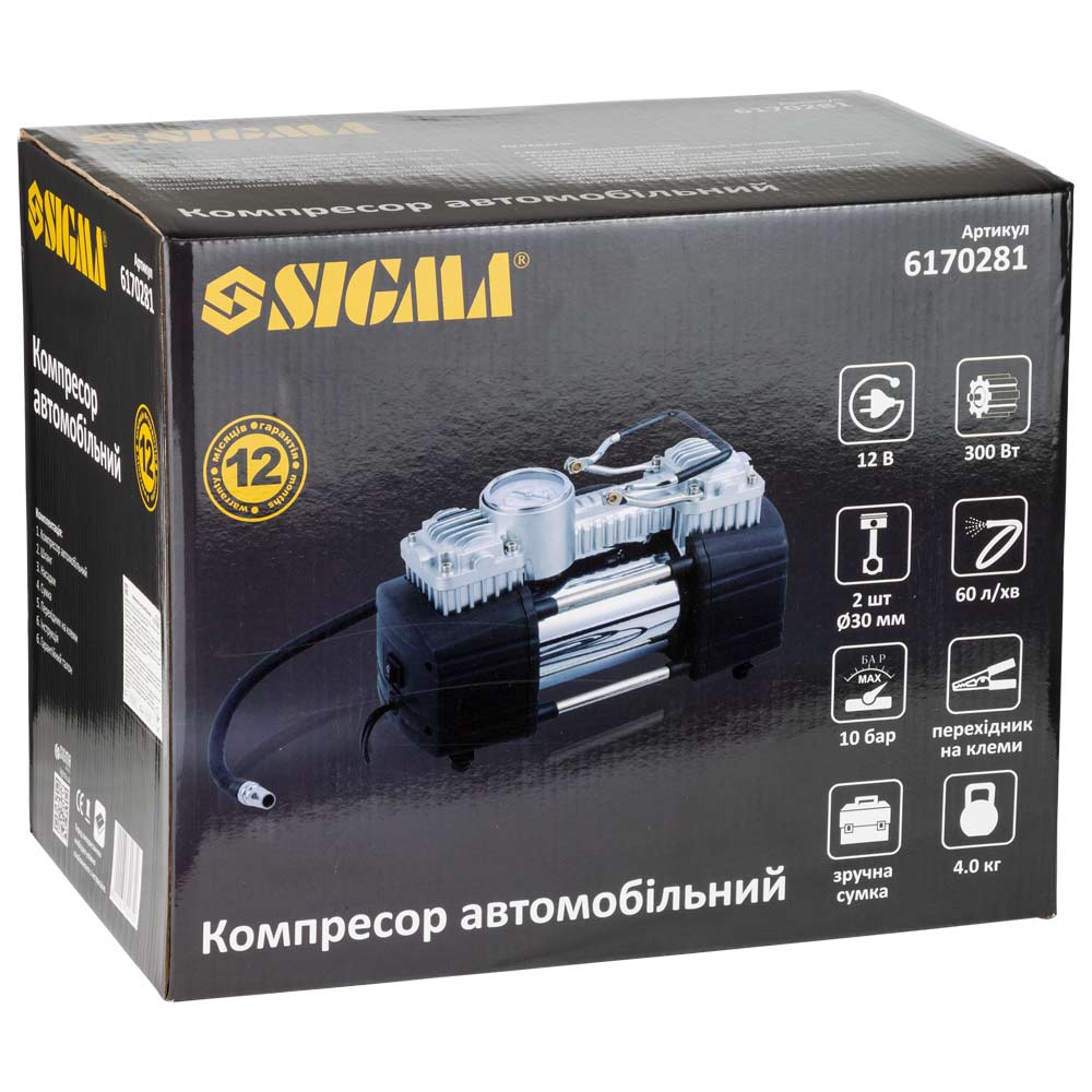 Компрессор автомобильный Sigma 12В 300Вт 25А 60л/мин 10бар сумка переходник на клеммы