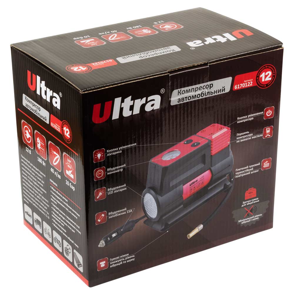 Компрессор автомобильный Ultra 12В 180Вт 15А 40л/мин 10бар с фонариком сумка