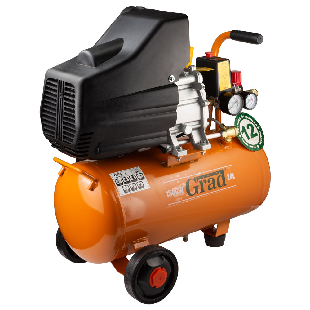 Компрессор Grad одноцилиндровый 1.5кВт 198л/мин 8бар 24л (2 крана)