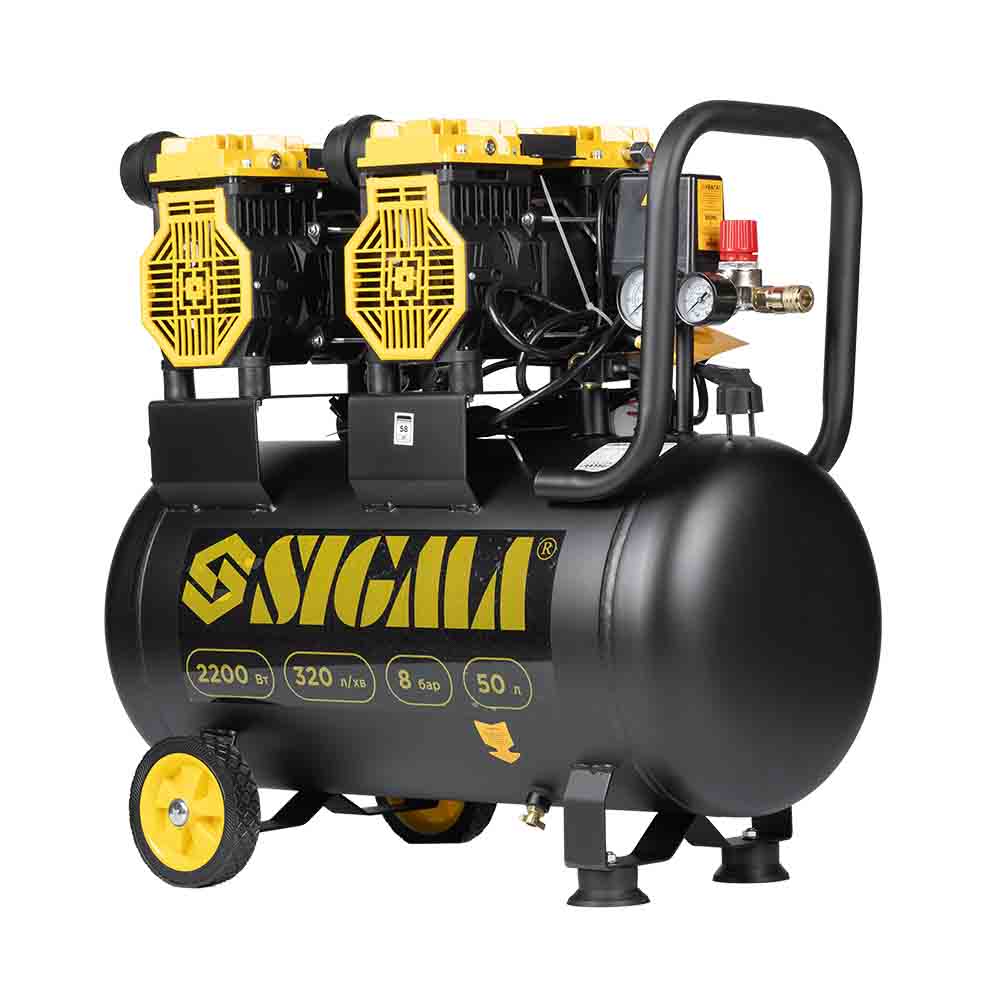 Компрессор Sigma четырехцилиндровый безмасляный 2.2кВт 1400об/мин 320л/мин 8бар 58дБ 50л