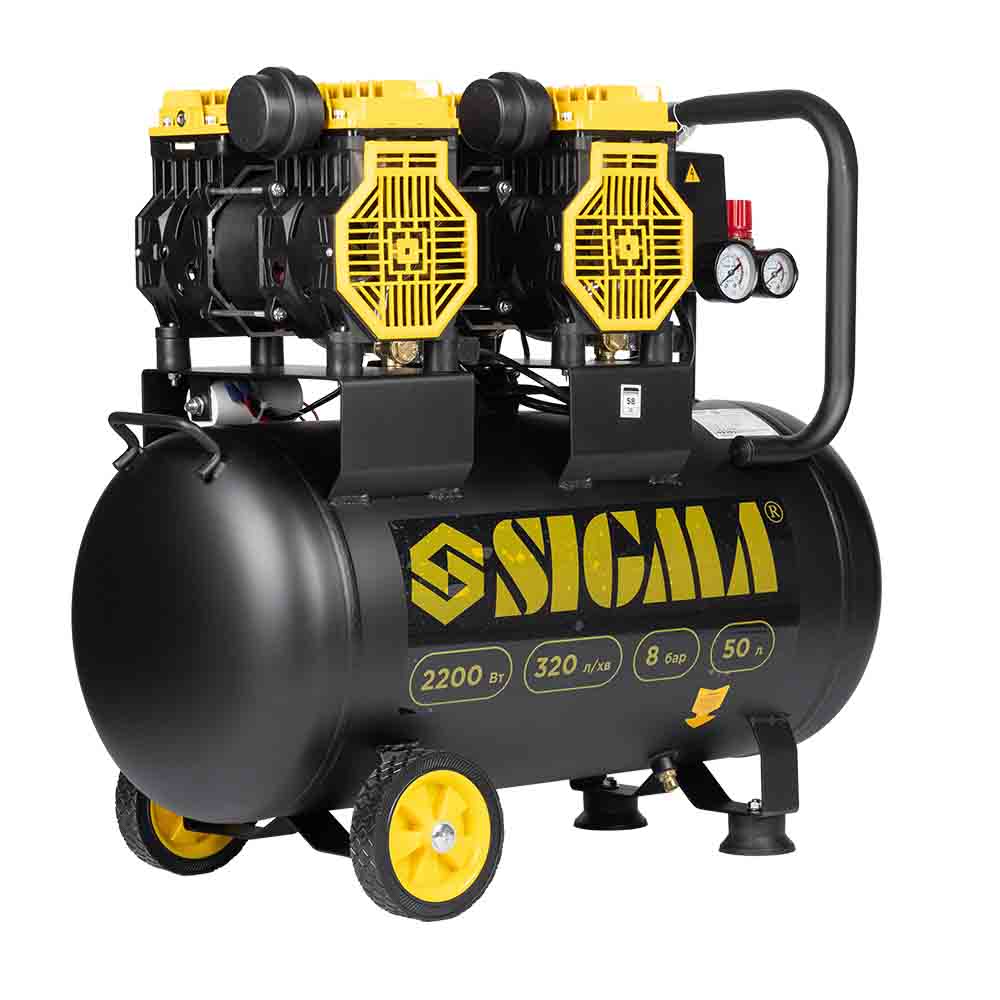 Компрессор Sigma четырехцилиндровый безмасляный 2.2кВт 1400об/мин 320л/мин 8бар 58дБ 50л