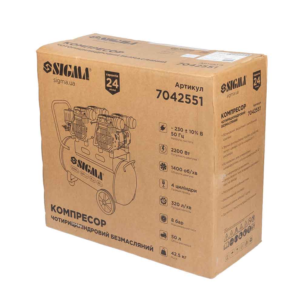 Компрессор Sigma четырехцилиндровый безмасляный 2.2кВт 1400об/мин 320л/мин 8бар 58дБ 50л