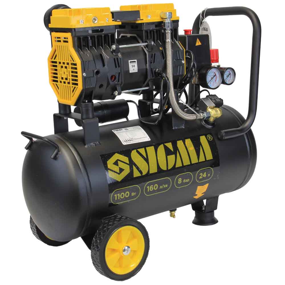 Компрессор Sigma двухцилиндровый безмасляный 1.1кВт 1400об/мин 160л/мин 8бар 58дБ 24л