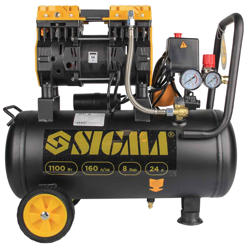 Компрессор Sigma двухцилиндровый безмасляный 1.1кВт 1400об/мин 160л/мин 8бар 58дБ 24л