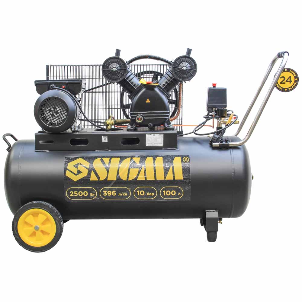 Компрессор Sigma двухцилиндровый ременный (V) 2.5кВт 396л/мин 10бар 100л (2 крана)