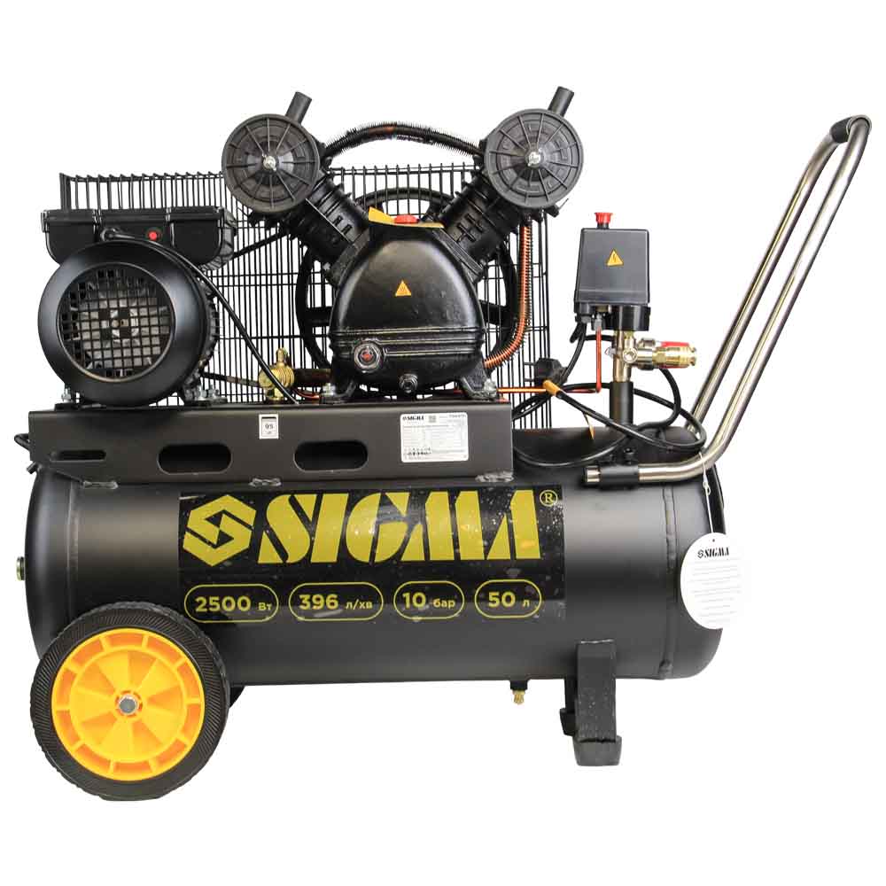 Компрессор Sigma двухцилиндровый ременный (V) 2.5кВт 396л/мин 10 бар 50л (2 крана)