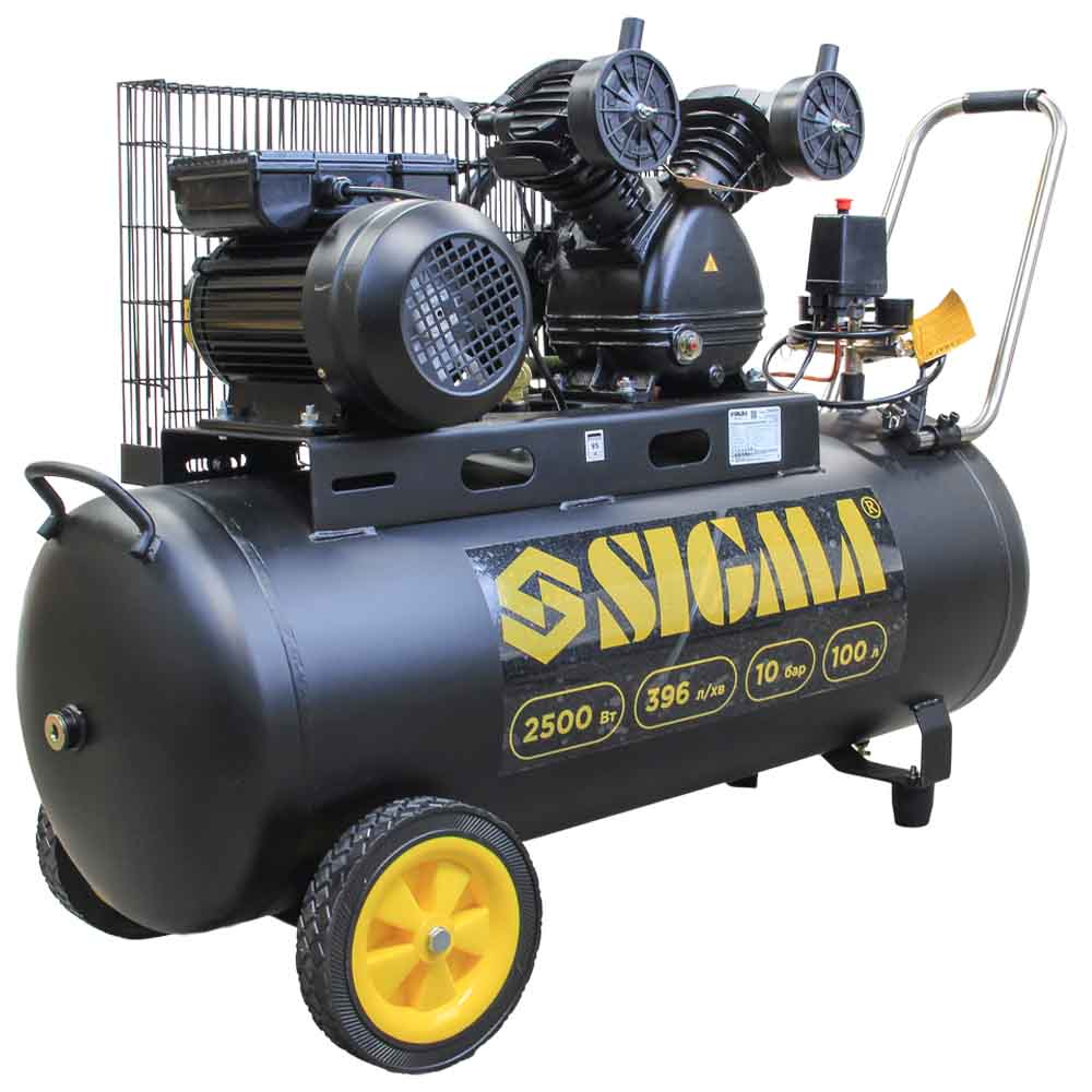 Компрессор Sigma двухцилиндровый ременный (V) 2.5кВт 396л/мин 10бар 100л (2 крана)