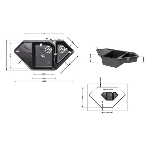 Кухонная мойка с дополнительной чашей Lidz 1000x500/225 BLM-14 (LIDZBLM141000500225)