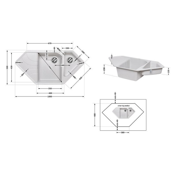 Кухонная мойка с дополнительной чашей Lidz 1000x500/225 GRA-09 (LIDZGRA091000500225)