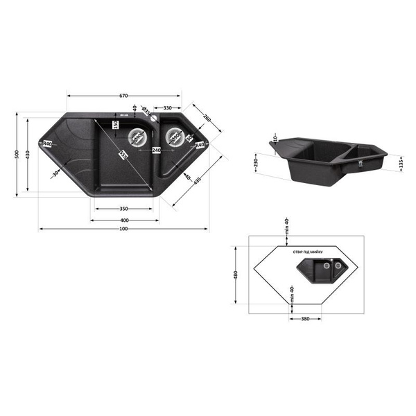 Кухонная мойка с дополнительной чашей Lidz 1000x500/225 GRF-13 (LIDZGRF131000500225)
