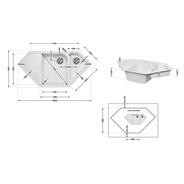 Кухонная мойка с дополнительной чашей Lidz 1000x500/225 WHI-01 (LIDZWHI011000500225)