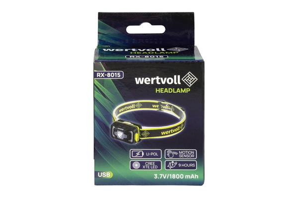 Фонарь налобный Wertvoll 6 режимов датчик движения СREE LED/RED LED/COB LED IP65 Li-pol 1800 mAh/t 6500 K/260 lum ABS RX-8015
