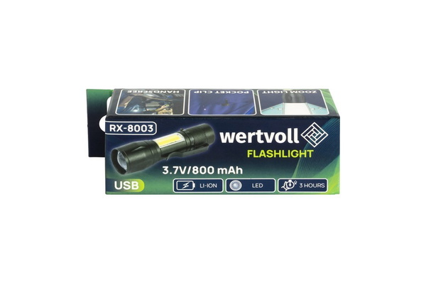 Фонарь с регулировкой фокуса Wertvoll 3 режима LED/COB LED Li-ion 800 mAh/t 8000 K/100 lum AL RX-8003