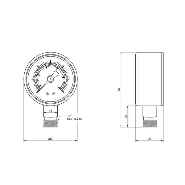 Манометр Thermo Alliance Standart 50 мм 1/4", нижнее подключение (SD1706B)