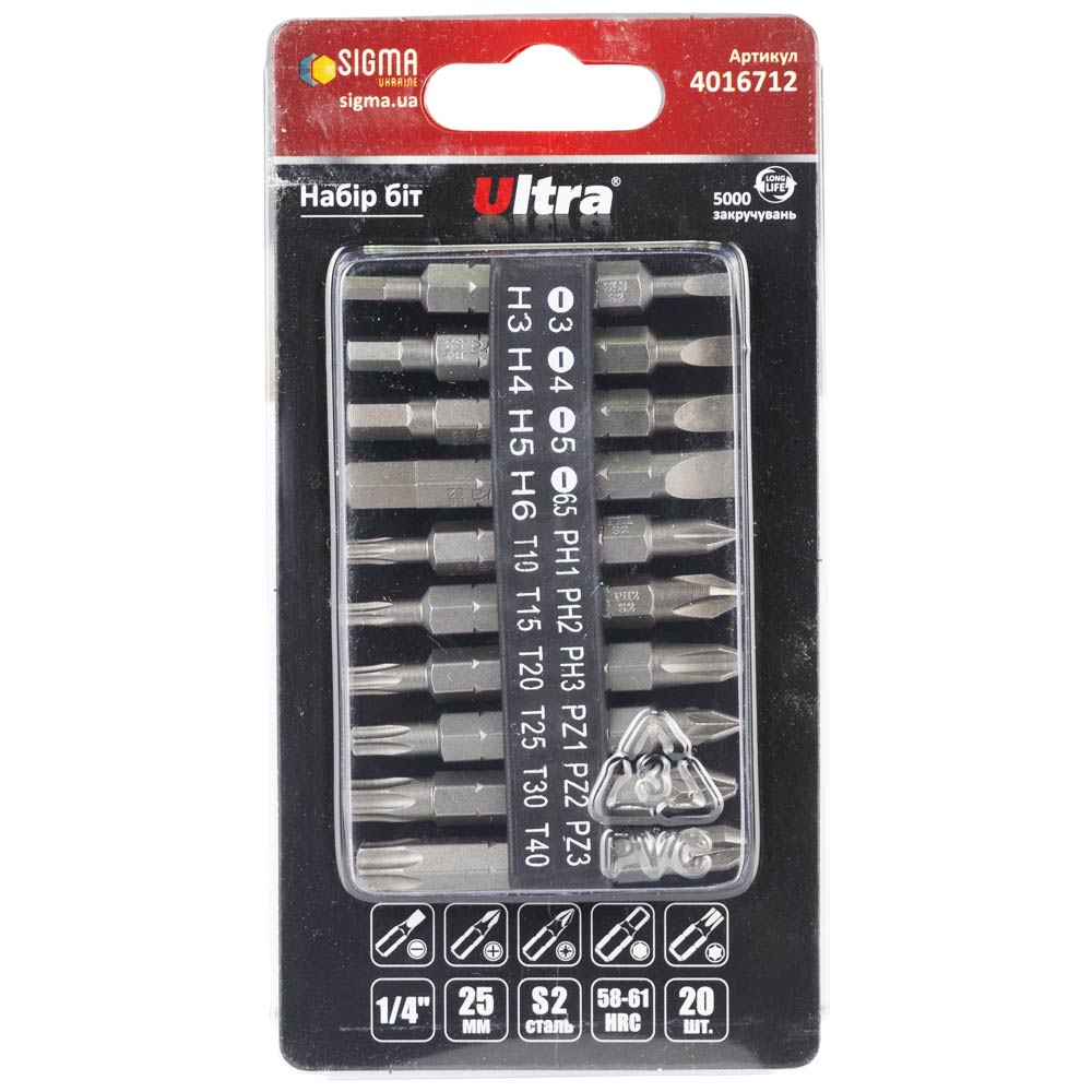 Набір біт Ultra S2 25 мм 1/4" з тримачем 20 шт (блістер)