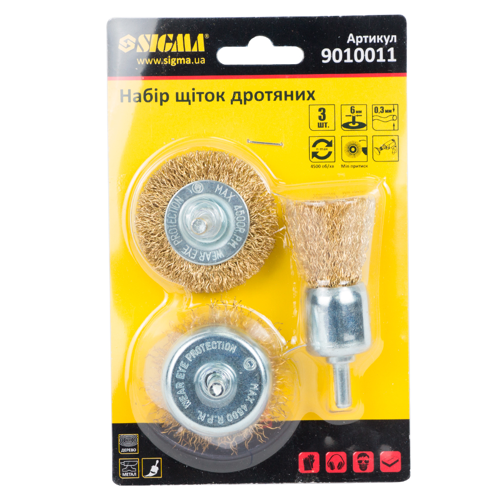 Набор проволочных щеток Sigma 3 шт Ø25; 50; 50 мм хвостовик Ø6 мм (латунированные)