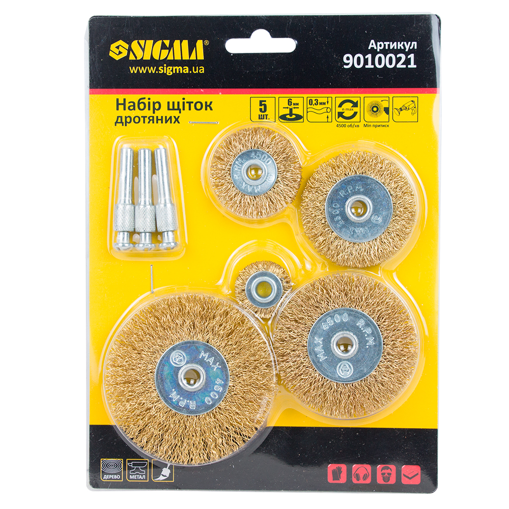 Набор проволочных щеток Sigma 5 шт Ø25; 38; 50; 65; 75 мм хвостовик Ø6 мм (латунированные)