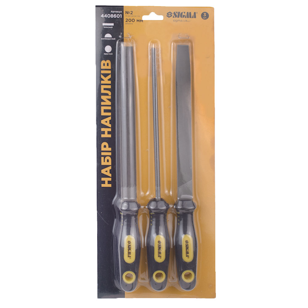 Набор напильников Sigma 3 шт 200 мм №2 двухкомпонентная рукоятка (плоский, полукруглый, круглый)