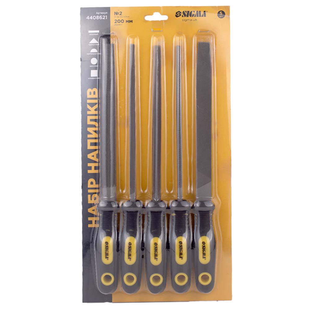 Набор напильников Sigma 5 шт 200 мм №2 двухкомпонентная рукоятка (плоский, треугольный, полукруглый, круглый, квадратный)