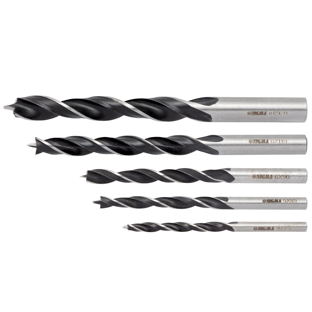 Набір свердел по дереву Sigma спіральних триточкових 5 шт (4 х 75 мм, 5 х 85 мм, 6 х 90 мм, 8 х 110 мм, 10 х 120 мм)