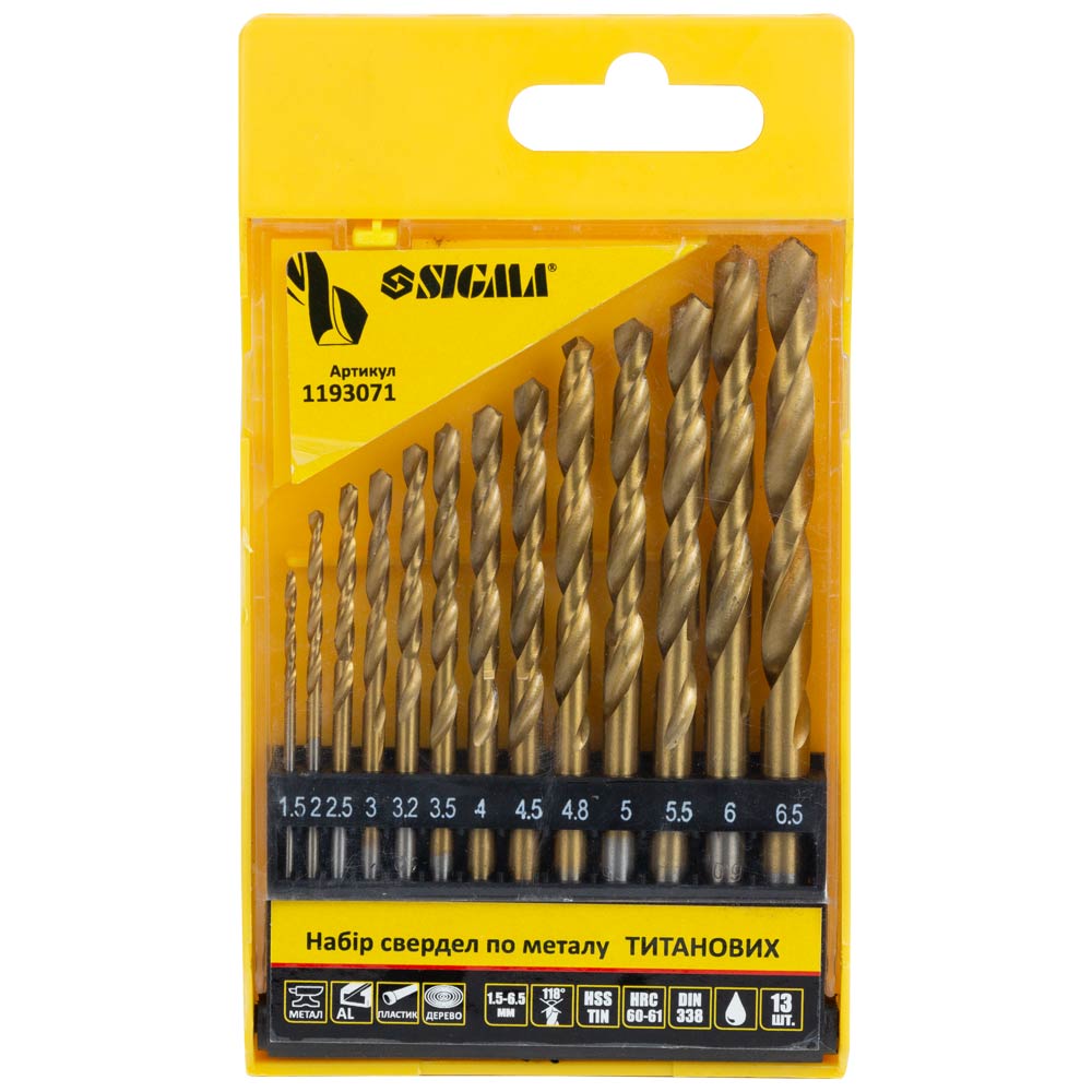Набор сверл по металлу Sigma HSS-TIN титановых 13 шт 1.5-6.5 мм (пластиковый кейс)