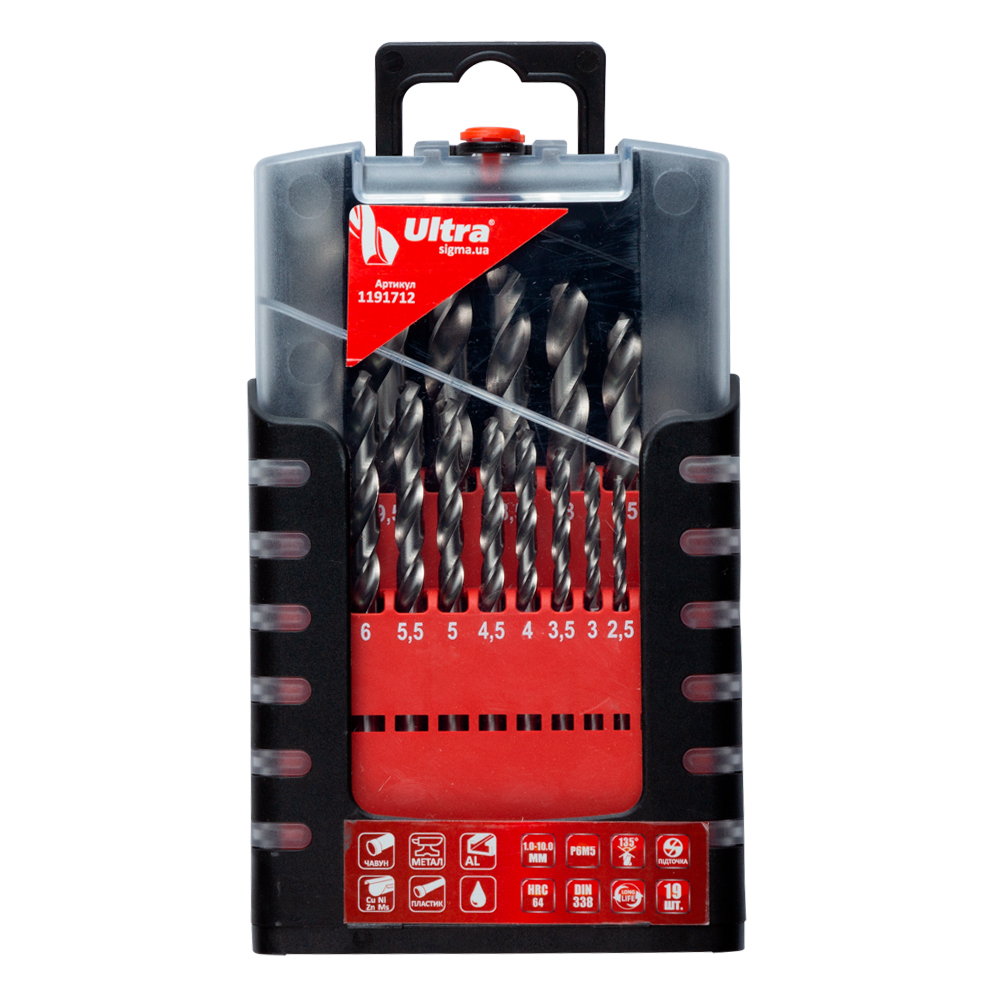 Набор сверл по металлу Ultra Р6М5 полированный 19 шт 1.0-10.0 мм (пластиковый кейс + блистер)