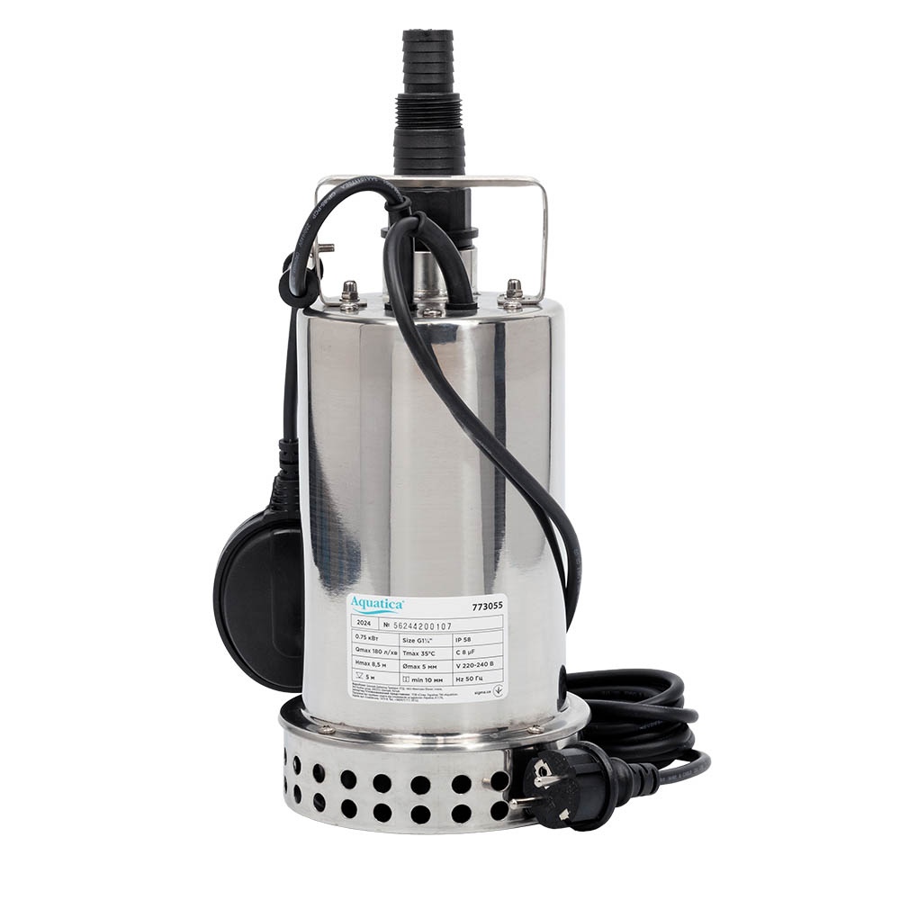 Насос Aquatica дренажний садовий 0.75кВт Hmax 8 м Qmax 180л/хв (част. до 5 мм, нерж)