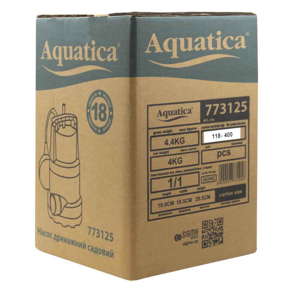 Насос Aquatica дренажний садовий 0.75кВт Hmax 9.5 м Qmax 220л/хв (част. до 5 мм)