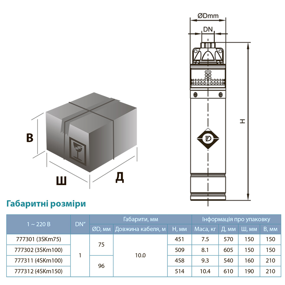Насос Dongyin вихровий свердловинний 0.55кВт H 36(21) м Q 40(20)л/хв Ø75 мм 3SKm75