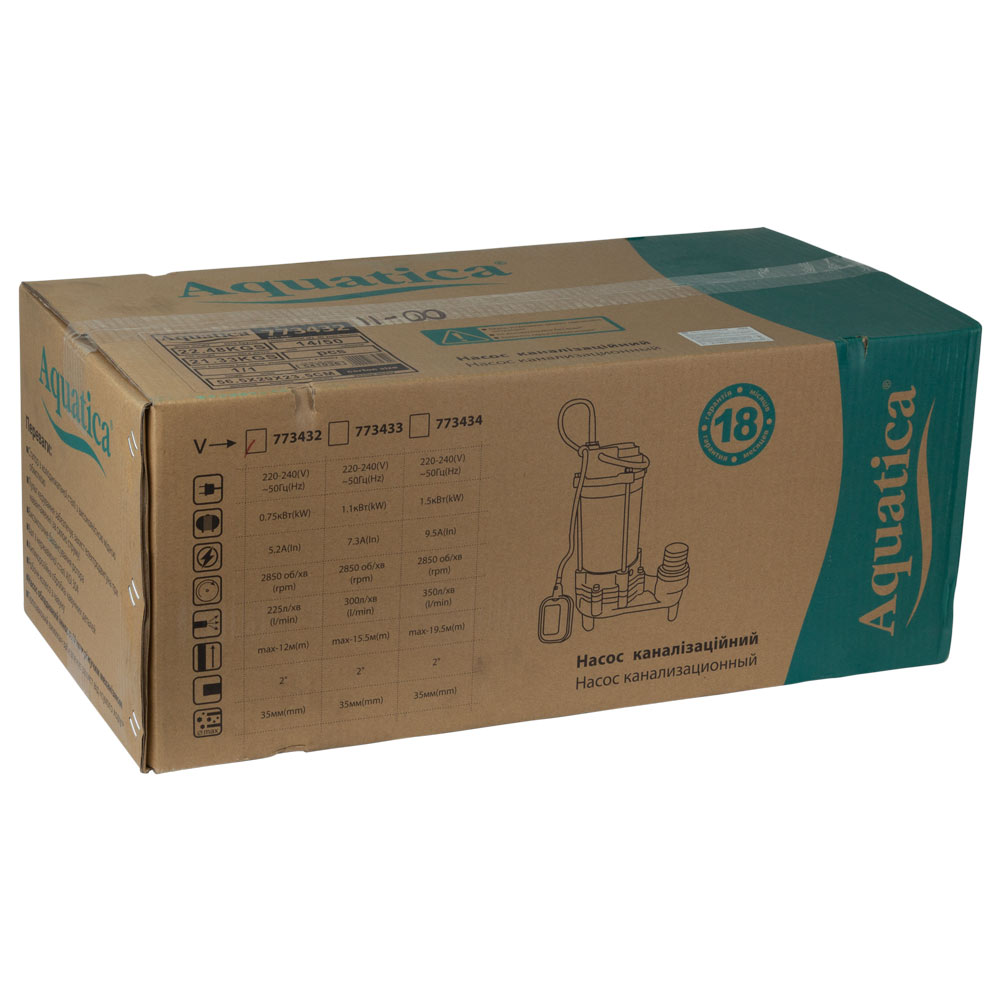 Насос канализационный Aquatica 0.75кВт Hmax 12 м Qmax 225л/мин с ножом (нержавеющая сталь)