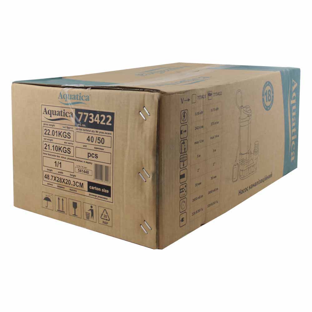 Насос канализационный Aquatica 0.75кВт Hmax 14 м Qmax 275л/мин (нержавеющая сталь)