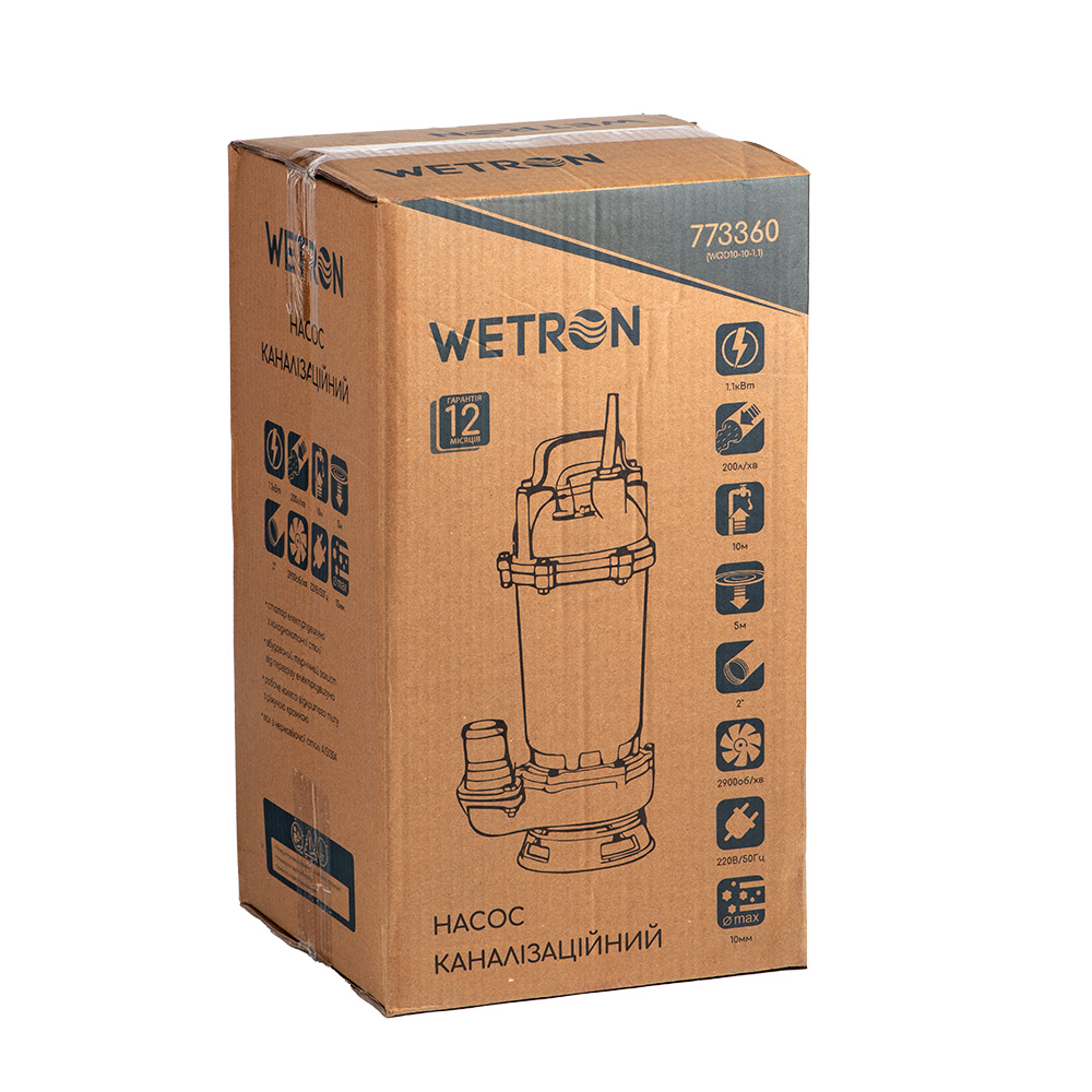 Насос канализационный Wetron 1.1кВт Hmax 10 м Qmax 200л/мин без поплавка WQD10-8-0.55