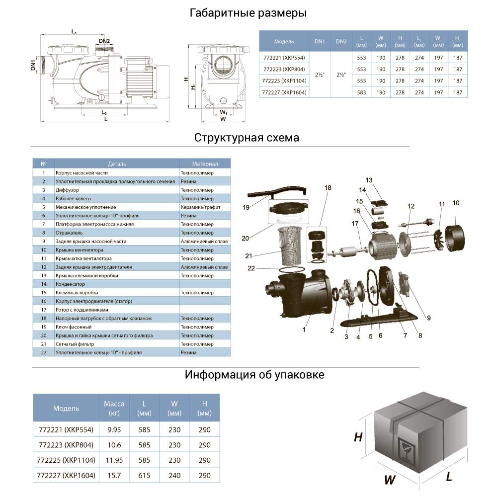 Насос Leo для басейну 0.8кВт Hmax 11м Qmax 300л/хв XKP804