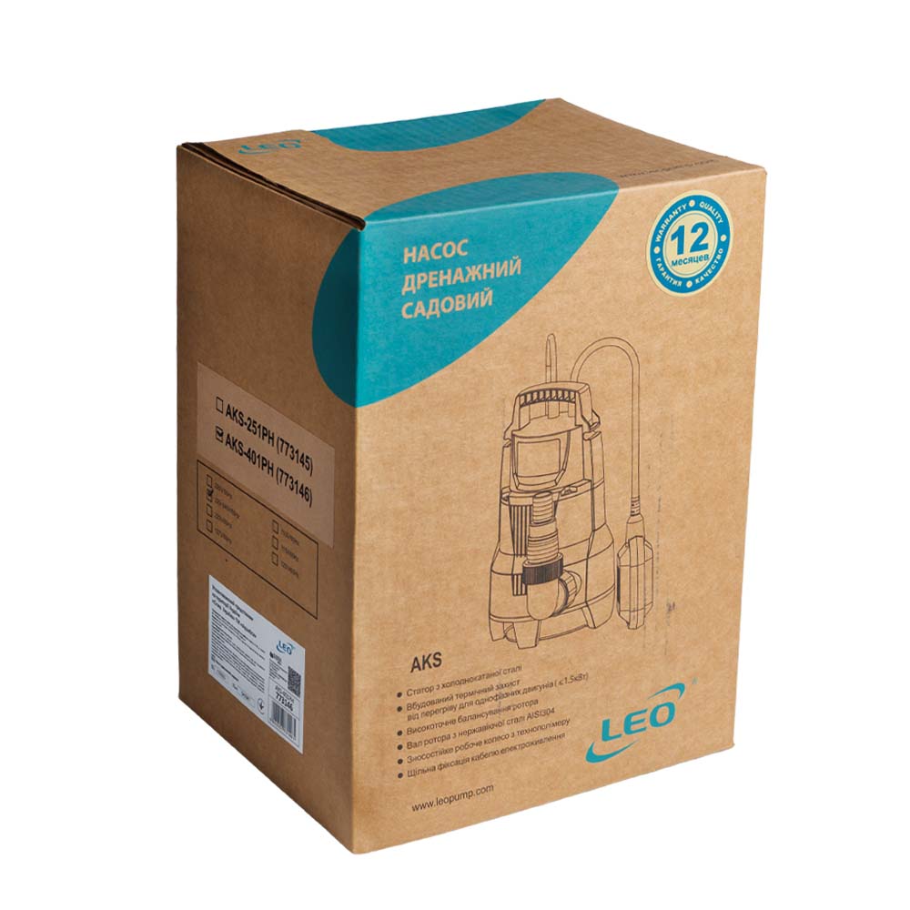 Насос Leo дренажний садовий 0.4кВт Hmax 6 м Qmax 150л/хв AKS-401PH