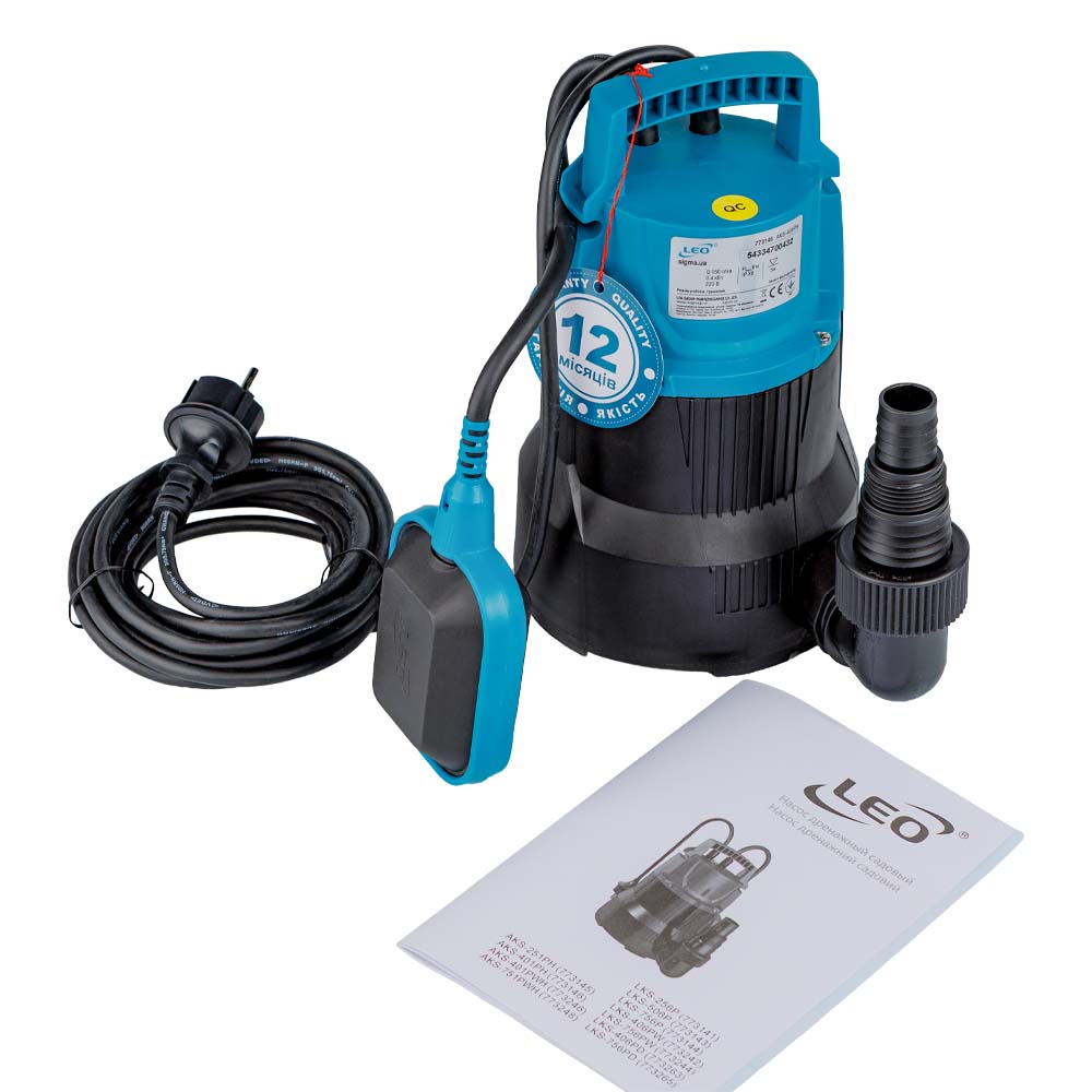 Насос Leo дренажний садовий 0.4кВт Hmax 6 м Qmax 150л/хв AKS-401PH