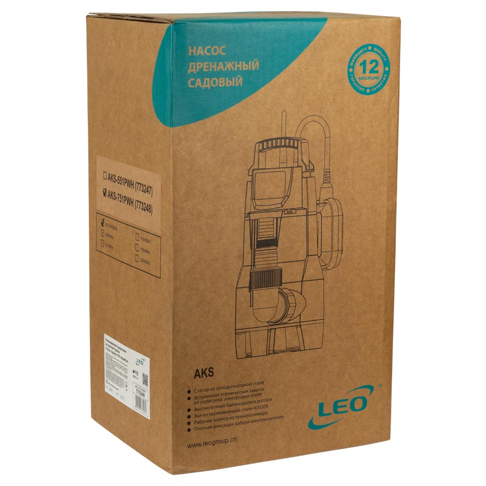 Насос Leo дренажний садовий 0.75кВт Hmax 8 м Qmax 233л/мин AKS-751PWH