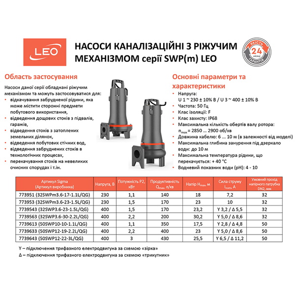 Насос Leo каналізаційний 380В 2.2кВт Hmax 30.2 м Qmax 200 л/хв (з ріжучим механізмом) 3.0 32SWP3.6-30-2.2L/QG