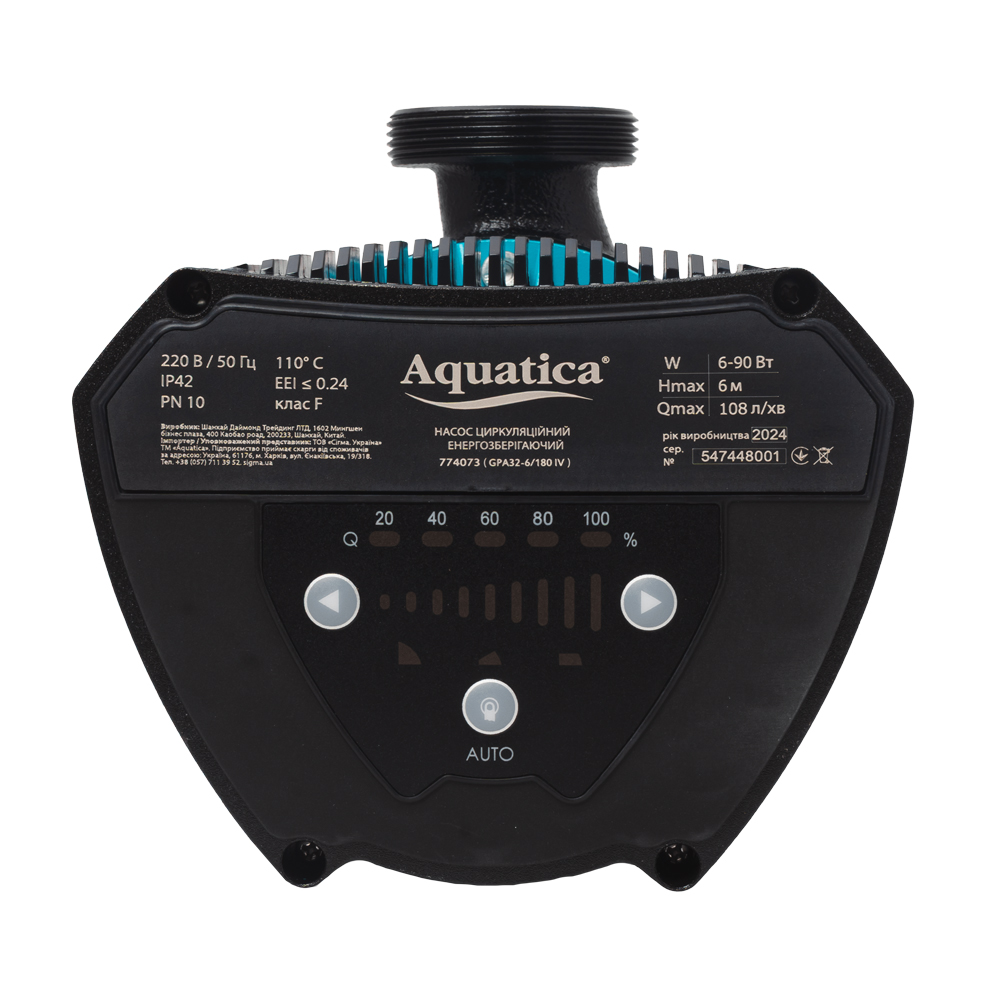 Насос циркуляційний Aquatica енергозберігаючий 6-90Вт Hmax 6м Qmax 108л/хв Ø2" 180 мм + гайки Ø1 1/4" GPA32-6/180 IV